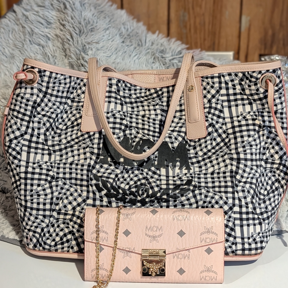 MCM Black & White Gingham Tote with Pink Leather Trim and Pink MCM Wallet